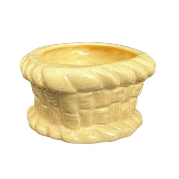 Vintage Yellow Ceramic Basket Weave Planter Small Pottery Bowl Jardiniere - Picture 3 of 6